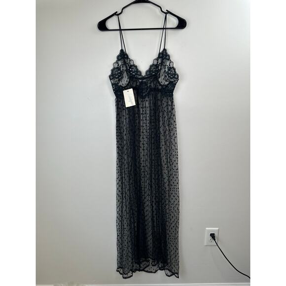 NWT Vintage Indulgence Black Sheer Lace Polka Dot Floral Ribbon Night Slip Dress - Picture 9 of 12